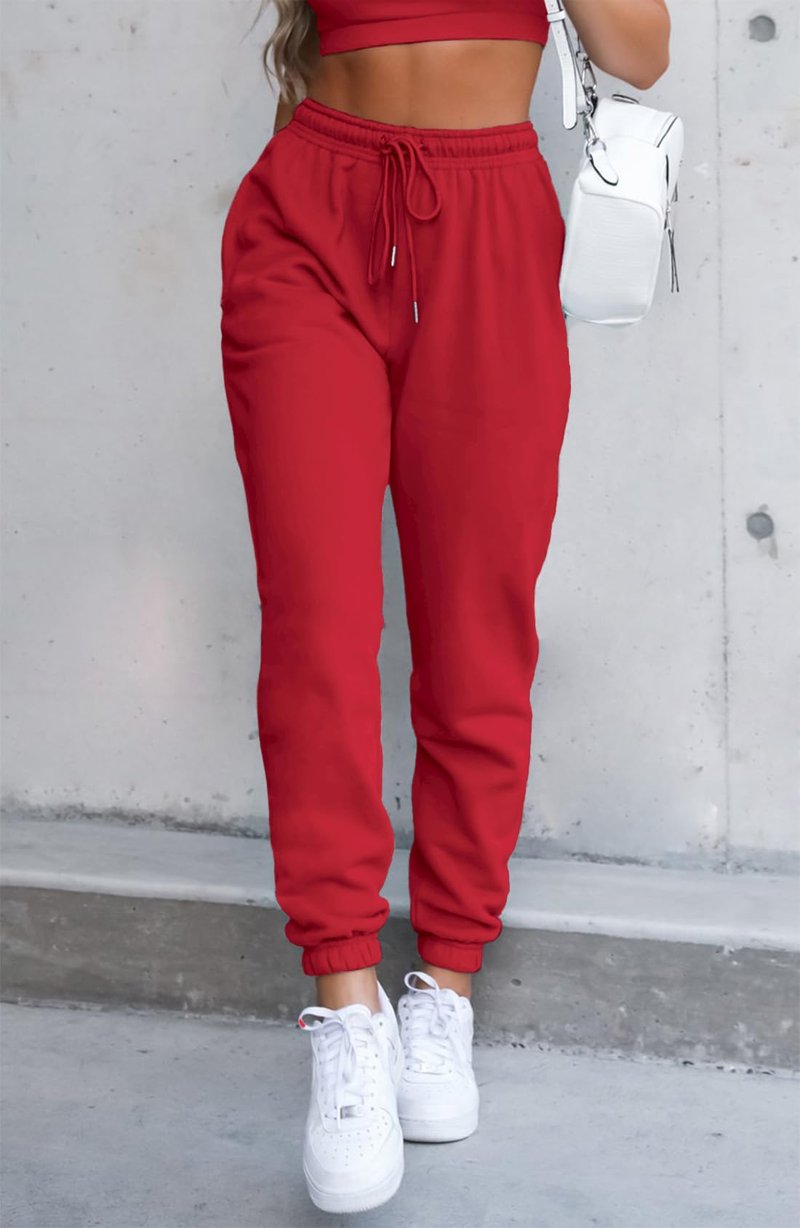 Waitfairy Sweatpants Women - Joggers for Women High Waist Baggy Sweat Pants for Womens Joggers Workout Gym Clothes for Woman Red L
