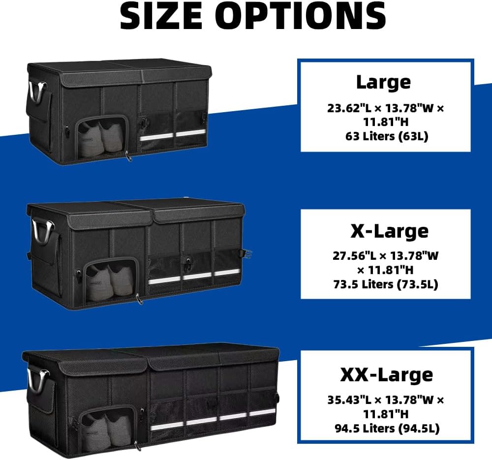 Trunk Organizer with Dedicated Shoe Compartment, Foldable Car Storage Organizer for SUV Sedan, Sturdy Automotive Organizer for Car Accessories Tools Sundries Black (XX-Large)
