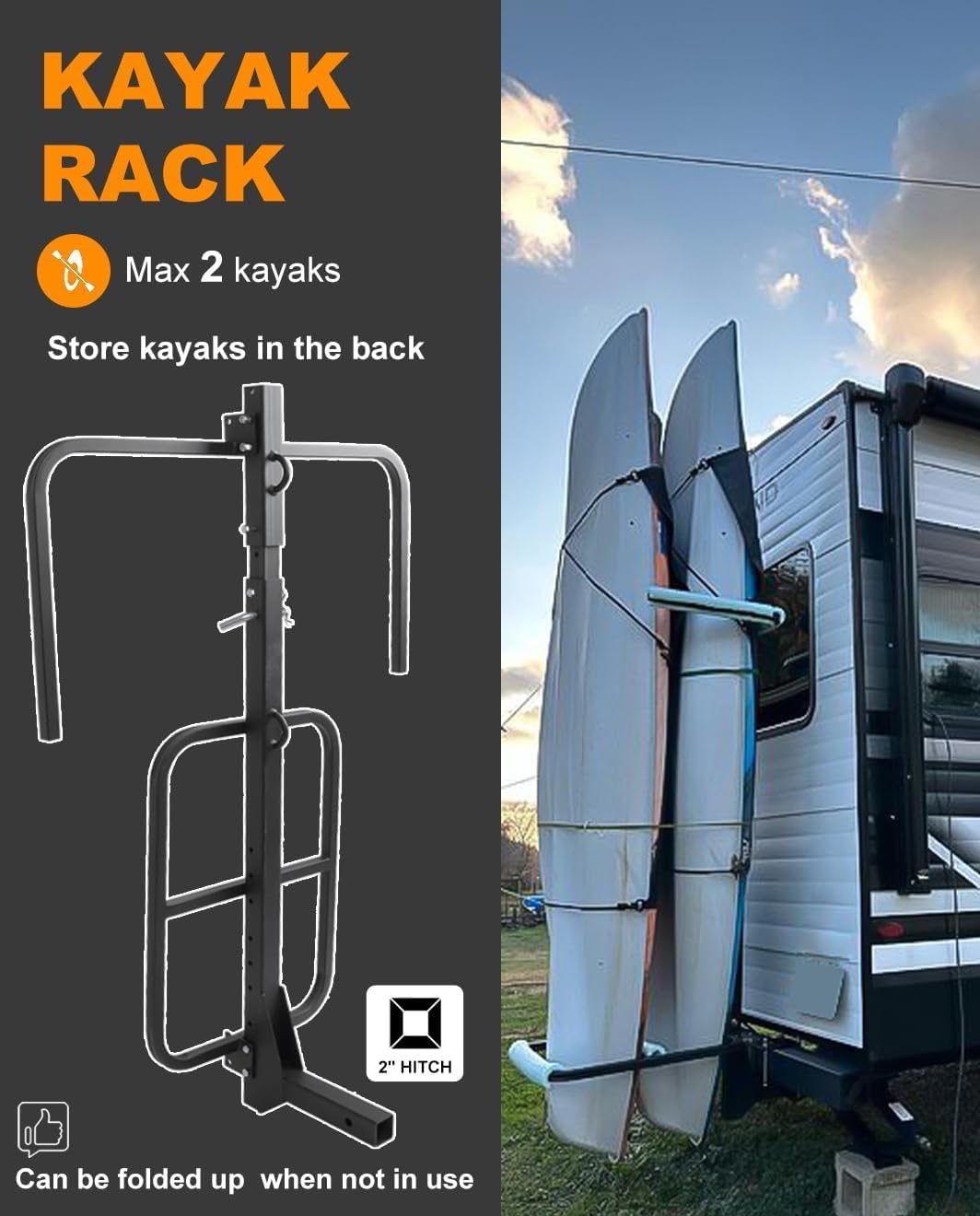 Skiennix RV Hitch Mount Kayak Rack - Adjustable Vertical Carrier for 2 Kayaks Up to 12' & 150LBS