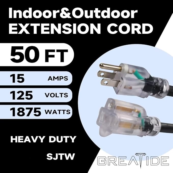 Outdoor Extension Cord with Lighted End, 12 Gauge Heavy Duty 50 FT, 3 Prong Grounded 15 Amp Extension Cord, 12/3 SJTW Waterproof Power Cord for Appliance, UL Listed, Yellow