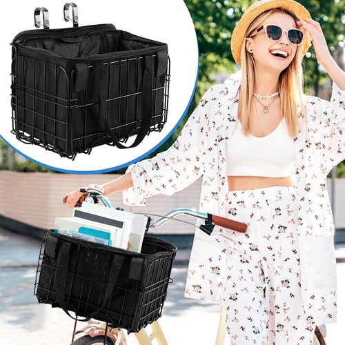 NINEFOX Folding Bike Front Basket with Removable Liner Bag, Black, Steel + Oxford Cloth, Handlebar/Rack Mount, 13.39x7.87x9.06inch, 20kg Capacity
