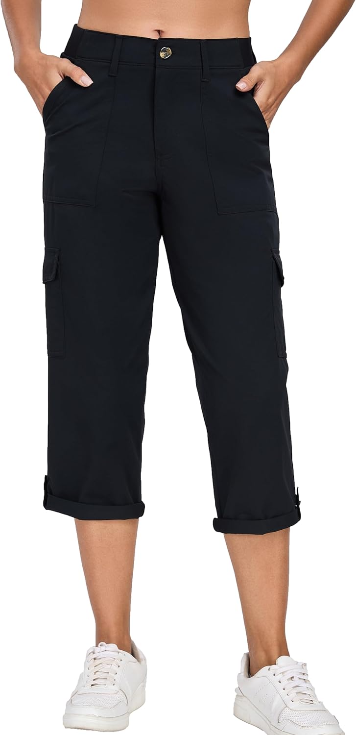 Oalka Women's Cargo Capri Pants - Relaxed Fit Knit Waist for Casual Hiking | Comfortable Cropped Style
