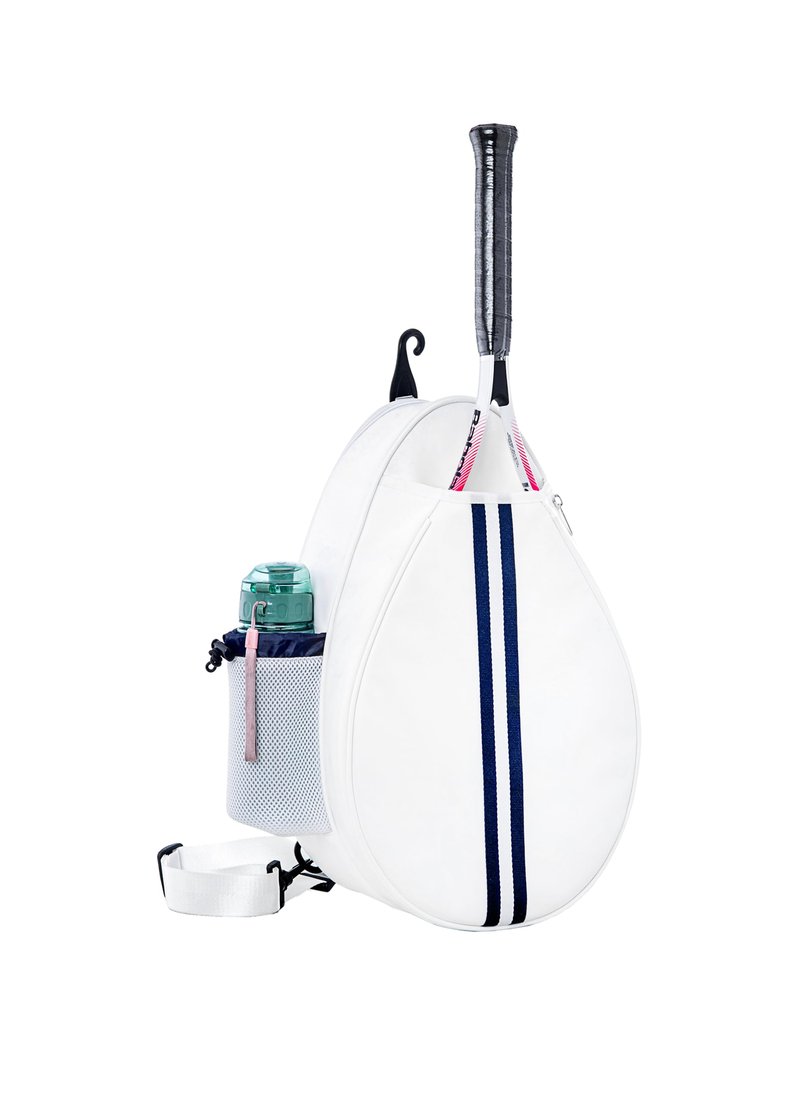 Uriyesobida White PU One Shoulder Crossbody Tennis Backpack Tennis Racket Sling Bag for Women, with Water Bottle Holder