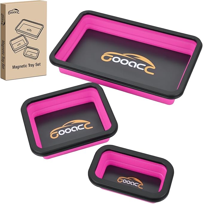 GOOACC 3 Sizes Collapsible Magnetic Parts Tray Set Pink Silicone Foldable Tool Trays Organizer for Screws Bolts Nuts Pins Washers and Other Small Metal Parts Double Sided Magnet Base