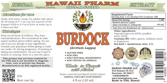 Burdock Alcohol-Free Liquid Extract, Organic Burdock (Arctium Lappa) Dried Root Glycerite Hawaii Pharm Natural Herbal Supplement 2x4 oz