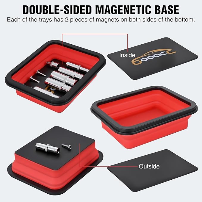 GOOACC 3 Sizes Collapsible Magnetic Parts Tray Set Red Silicone Foldable Tool Trays Organizer for Screws Bolts Nuts Pins Washers and Other Small Metal Parts Double Sided Magnet Base