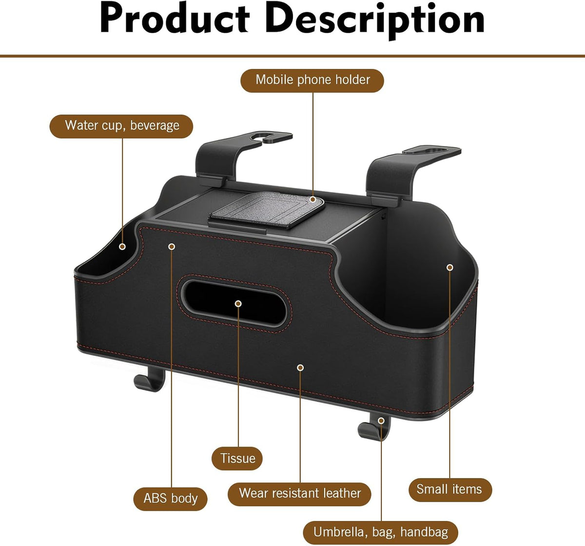 Car Back Seat Organizer Box, Leather Headrest Hanging 4-in-1 Backseat Storage with 2 Cup Holder, Tissue Box, Phone Pocket for Travel, Universal for Most Cars, SUVs (Black)