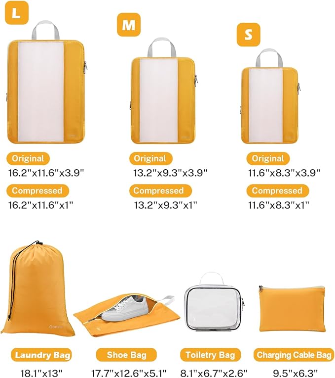 Gonex 8 Set Expandable Mesh Packing Cubes for Travel - Compression Packing Organizers with Toiletry, Laundry, Shoe & Cable Bags - Orange