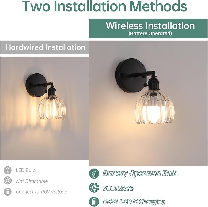 Vintage Battery Operated Wall Sconce with Transparent Tulip Glass Lampshade Rechargeable Battery Powered Black Wall Light with Remote Control for Bedside Bedroom Doorway, Set of 2