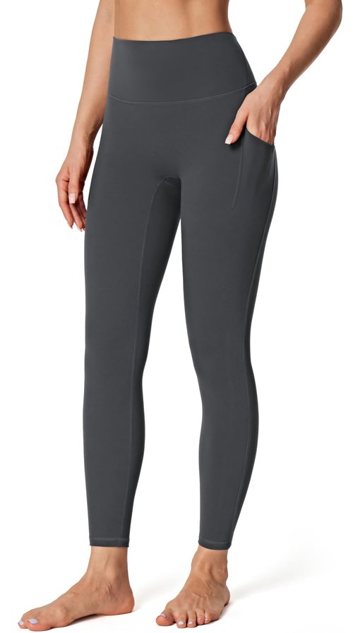 IUGA No Front Seam Leggings with Pockets for Women Buttery Soft Tummy Control Workout Leggings High Waisted Yoga Pants Ink Gray