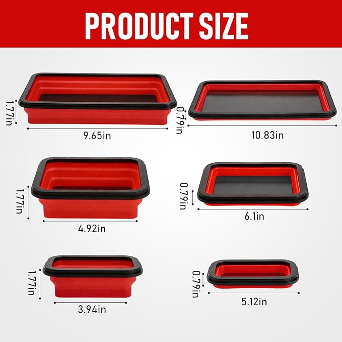 12 Pcs Collapsible Magnetic Parts Tray Set Foldable Tool Storage Organizer Magnetic Tray 3 Different Size Collapsible Bowl for Screw, Bolts, Nuts, Washers, Pins, Tool Gift for Men (Red, Black)