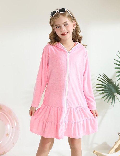 LUCKYGAL Girls Swim Cover-Up - Long Sleeve Terry Swimsuit for Beach & Pool Fun | Stylish with Sunglasses