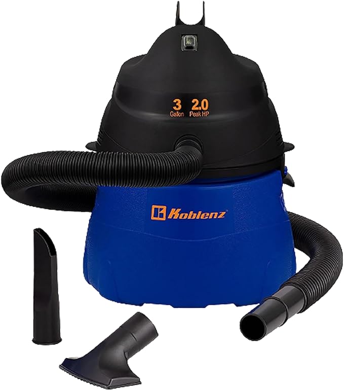Koblenz WD-353L Portable Wet-Dry Vacuum Cleaner, 3 Gallon Tank, 2.0 HP Vacuum Cleaner with Several Accessories, 5 Year Warranty, Blue/Black