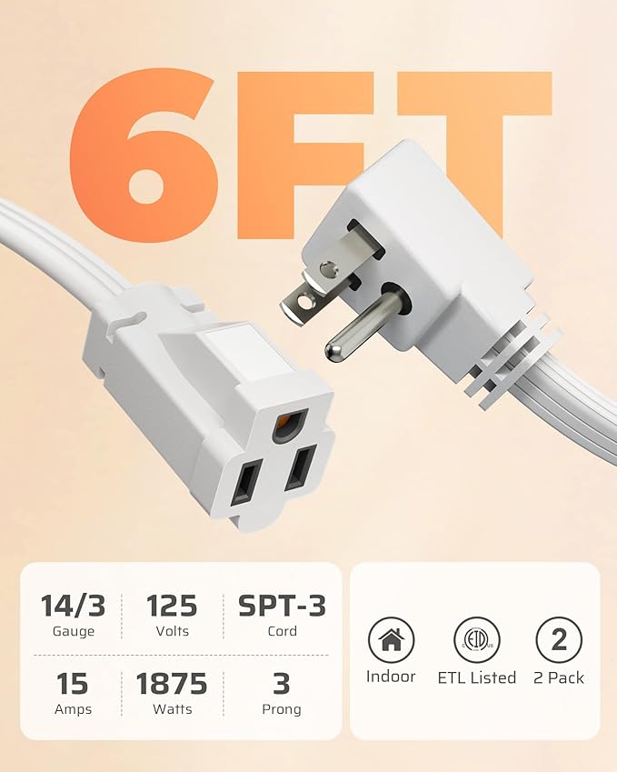 DEWENWILS 6FT Extension Cord with 3-Prong Flat Plug, 15A/1875W 14/3 SPT-3 Flat Wire, Space Saving for Home Office Appliances & Electronics, ETL Listed, 2 Pack, White