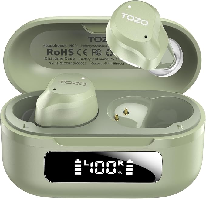 TOZO NC9 Hybrid Active Noise Cancelling Wireless Earbuds, 60H, LED Display | 6 Mic ENC Clear Calls, Deep Bass Sound, IPX8, in Ear Bluetooth 5.3 Headphones,32 EQs via APP, Comfort Fit Ear Buds, Green
