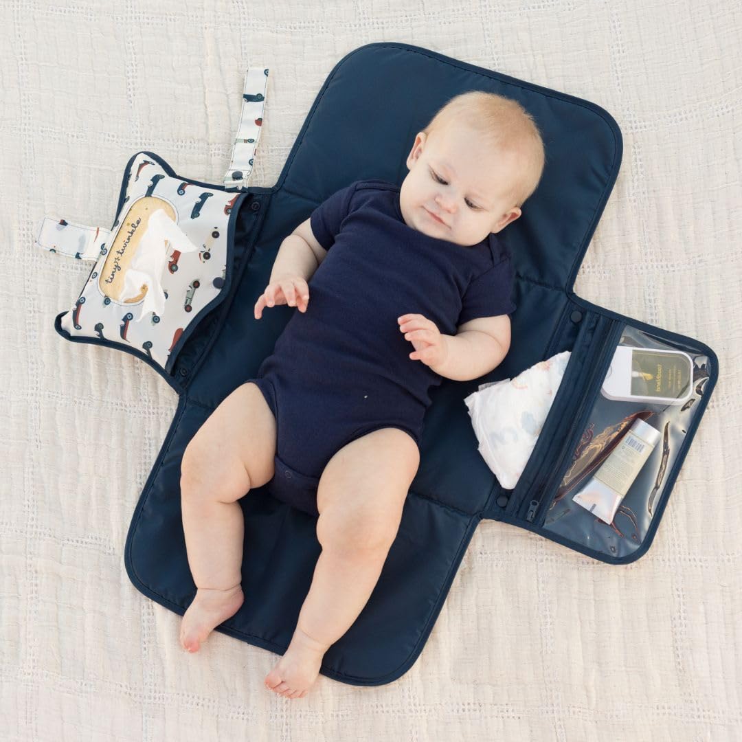 Tiny Twinkle Portable Diaper Changing Pad | Waterproof, Wipeable & Compact Baby Changing Pad for Travel | Smart Wipes Pocket & Organized Storage| Newborn Shower Gift (Vintage Cars)