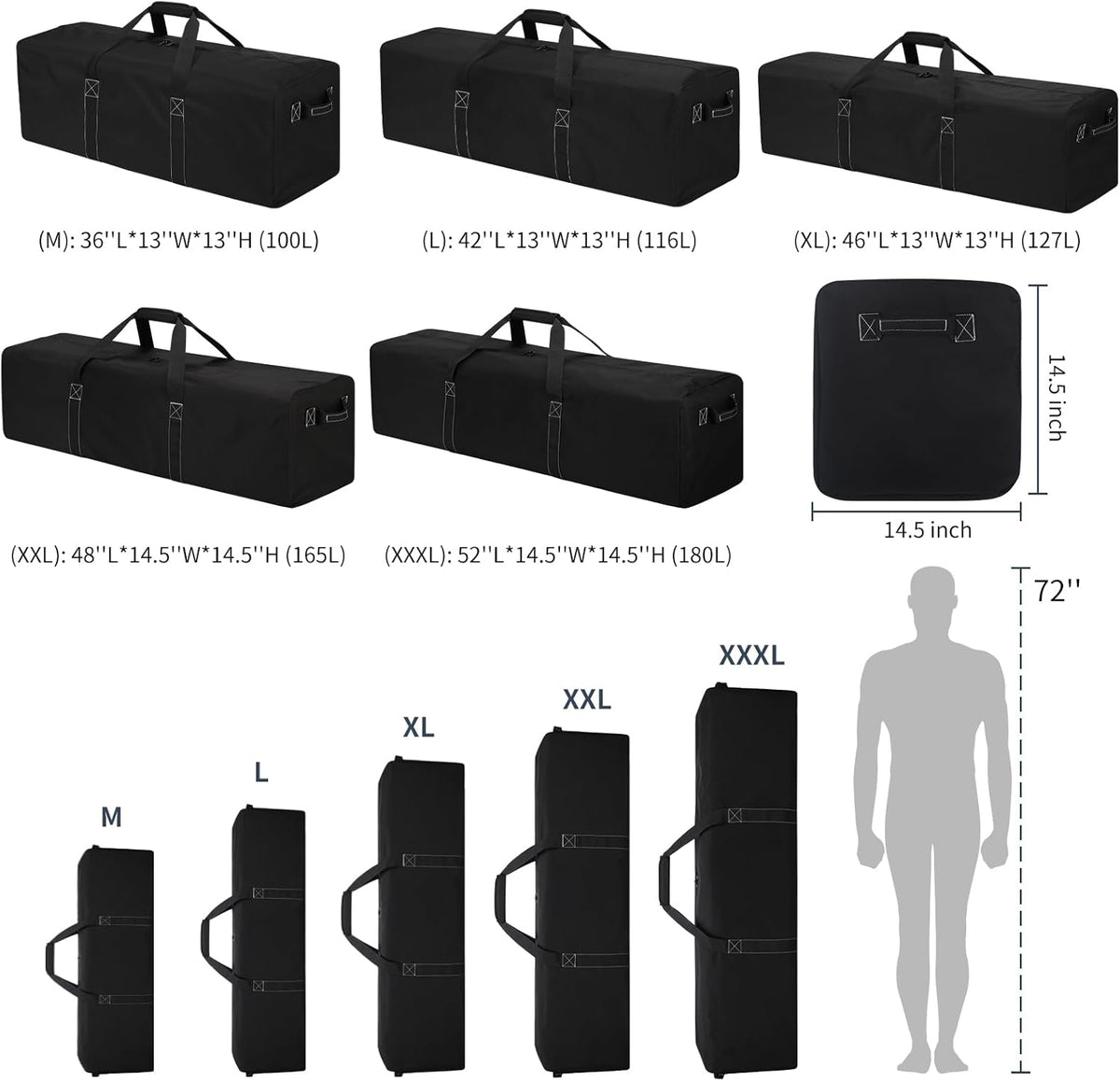 Skiennix 48 Inch Duffle Bag - Extra Large 165L Heavy Duty Travel & Camping Storage Bag | Black
