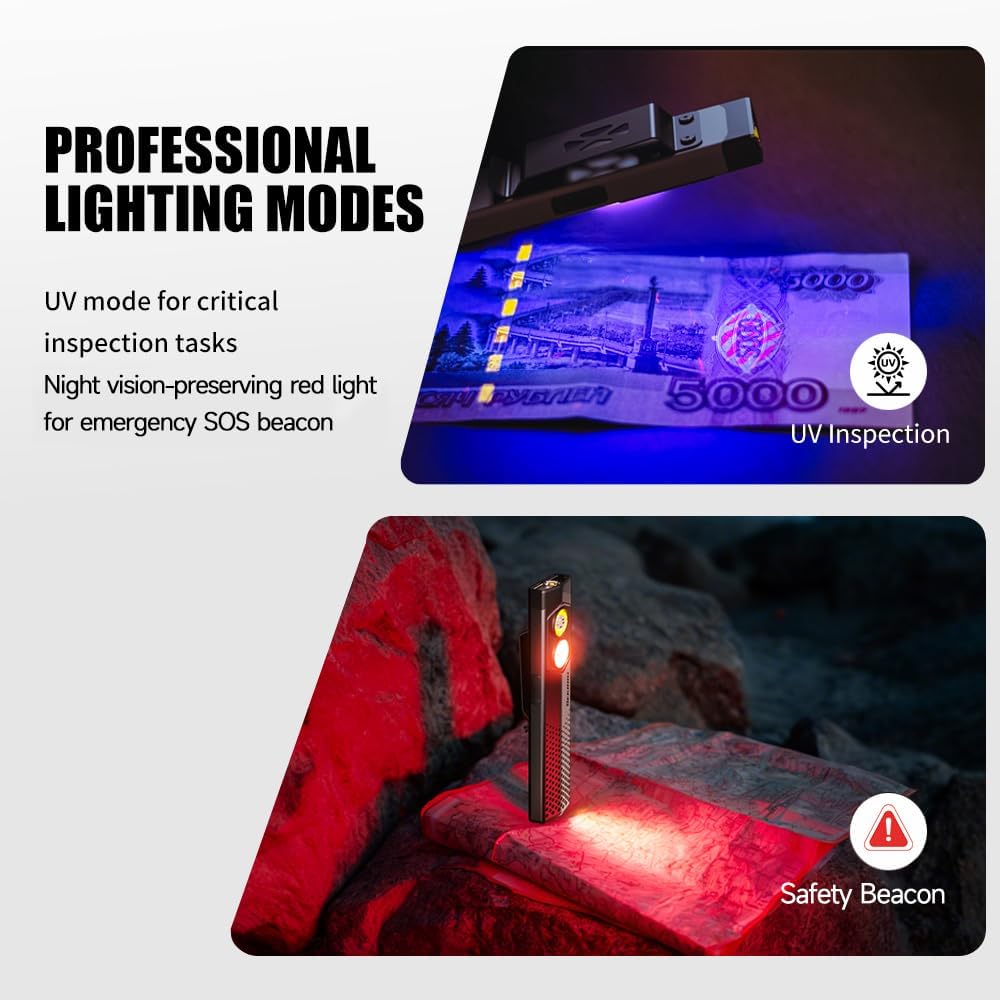 Sekrro K18pro EDC Flashlight - 650LM USB-C Rechargeable Pocket Light with UV & Red Modes | Magnetic Work Light for Camping & Repairs