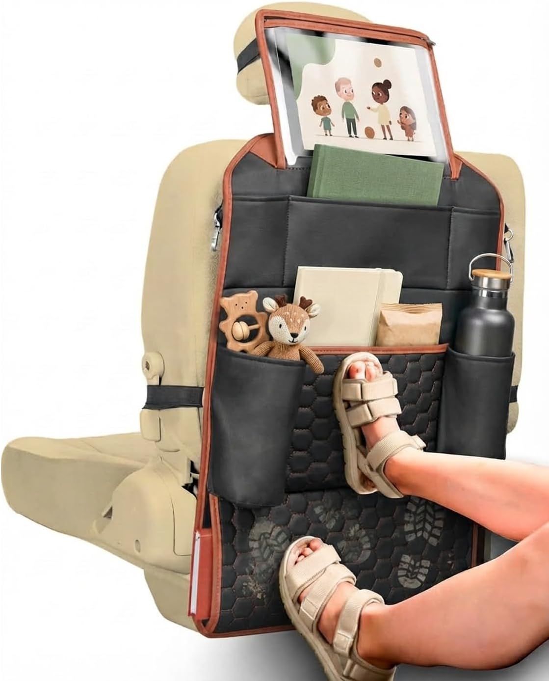 Owleys Back of Seat Organizer for Kids | Car Storage Caddy – 8 Pockets + Transparent Tablet Holder | Waterproof Eco-Leather | 27.5' x 18.5' | Brown+Black