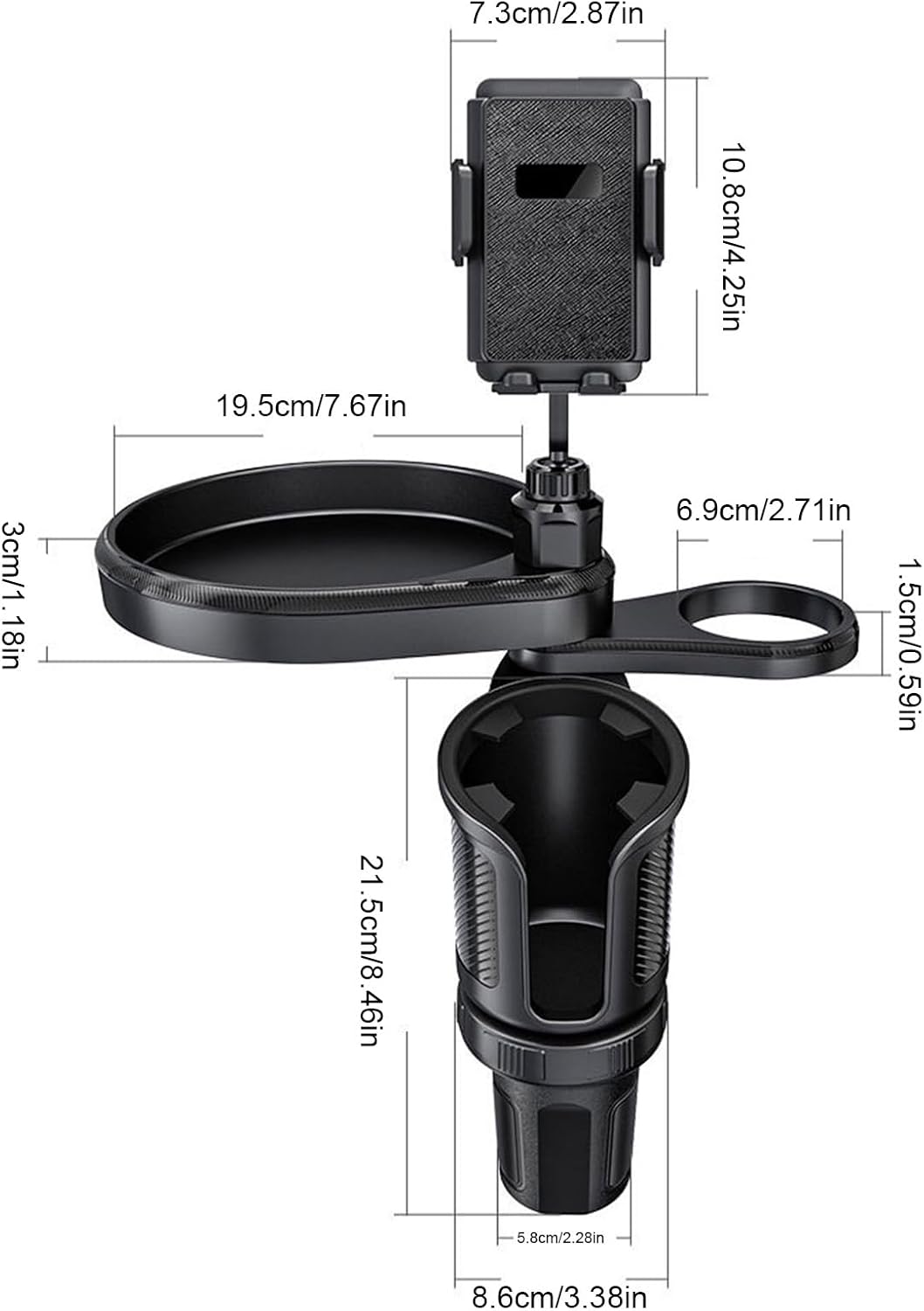 4-in-1 Car Cup Holder Expander - Rotating Tray with Phone Mount & Food Tray, Adjustable Base for Most Vehicles/RV/Trucks