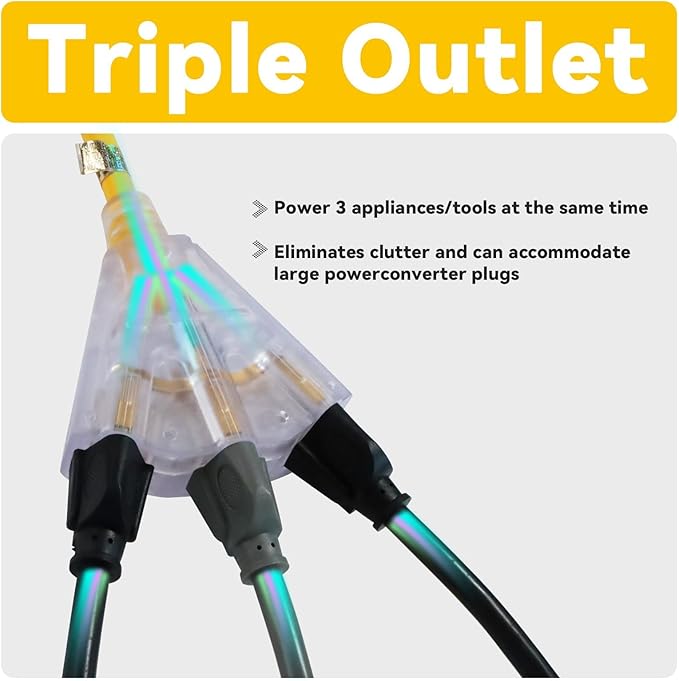 EP 30 Ft 12 Gauge Heavy Duty Extension Cord, 15A 125V 1875W, 3 Outlet Indoor/Outdoor Power Cord with Lighted End, 12/3 SJTW Weatherproof Yellow
