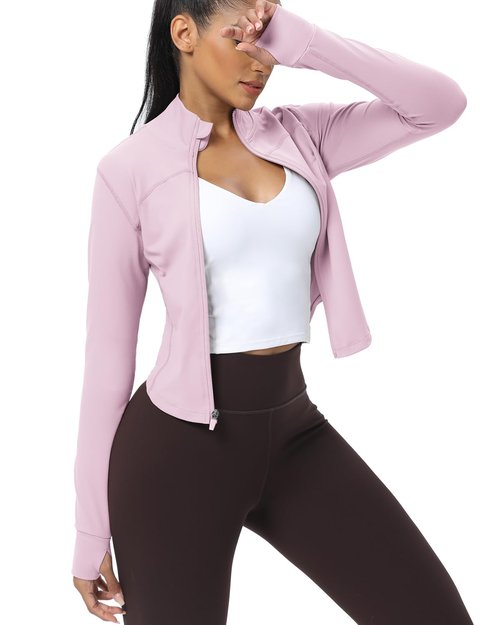 AVGO Women's Cropped Running Workout Jackets Zip Slim Fit Athletic Tops with Thumb Holes(Pink Lady, M)