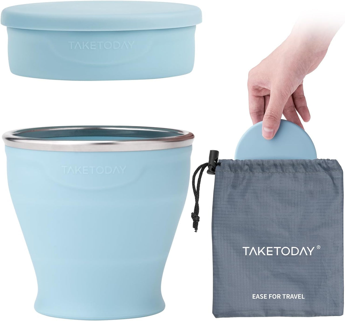 TakeToday Collapsible Travel Cup - 8 oz Silicone Foldable Water Cup with Lid & Waterproof Bag | Blue