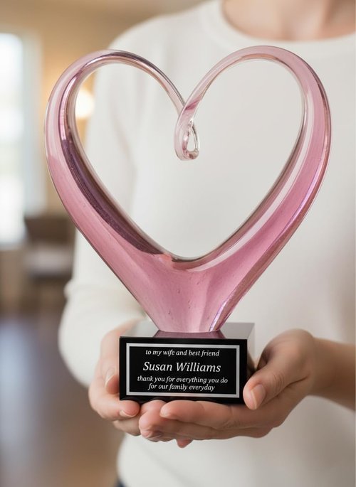 Award for Wife - Pink Heart Shaped Art Glass - Customized Trophy for Wife of The Year, Mom or Girlfriend - Personalized Gifts for Women - 9 Inches Tall