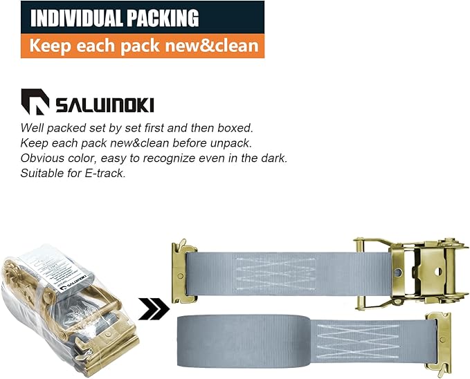 8Pack E-Track Straps Ratchet Etrack Strap Box Truck Strap Tie Down Heavy Duty 2" x15' 4400lbs Breaking Load, 2200 Working Load E-Track Accessories Grey