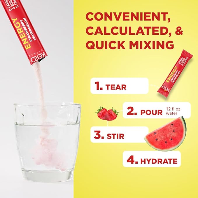 Keto Vitals Keto Electrolyte Energy Drink Powder Packets - Increases Energy - Keto Electrolyte Supplement for Energy and Rehydration - Strawberry Watermelon Keto Energy Powder Packets, 30 Count