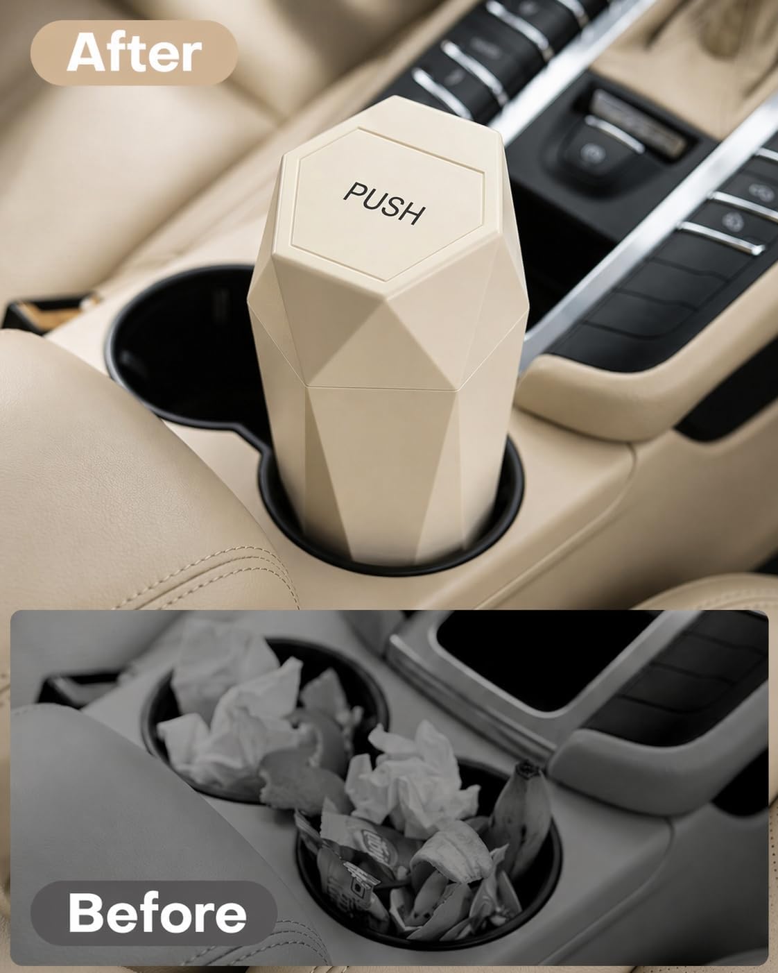 HOTOR Car Trash Can with Lid, Leakproof, Beige, 2 Pack