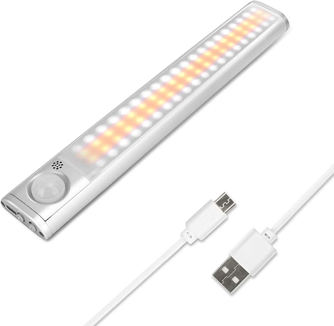 Under Cabinet Lighting 80 LED Closet Light, Motion Sensor lights Indoor USB Rechargeable Dimmable Stick-on Night Light Bar for Kitchen, Wardrobe, Garage, Stairs, Bedroom (1 Pack)