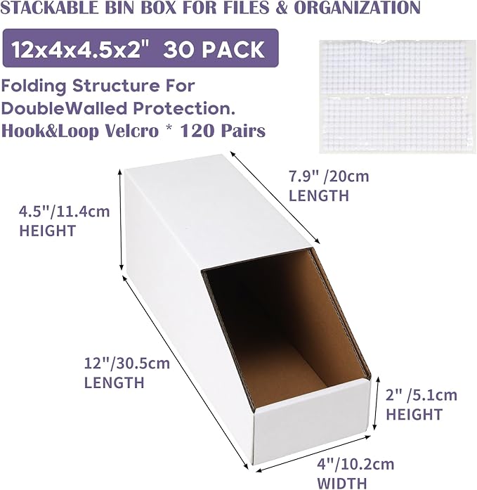 EXYGLO Stackable Cardboard Storage Bins 30 Pack, 12x4x4.5 Inch Cardboard Boxes with Lid, Corrugated Organizer Bins for Pantry, Shelves, Garage, Office, Shop, White