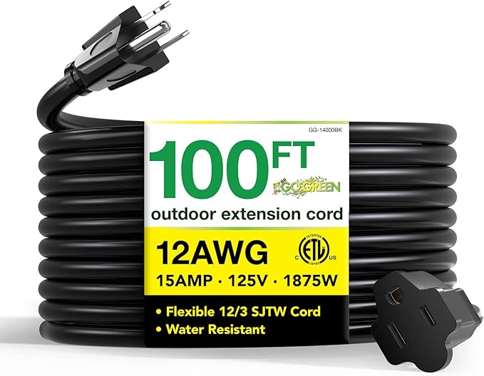 Go Green Power Inc. (GG-14000BK) 12/3 SJTW Outdoor Extension Cord, Black, 100 ft