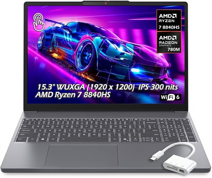 Lenovo IdeaPad Slim 3 Laptop 15.3" WUXGA (1920 x 1200) Touchscreen, Ryzen 7 8840HS, 8-core, AMD Radeon 780M, 16GB DDR4, 512GB SSD, Wi-Fi6, Bluetooth 5.3, Win 11, Luna Grey, w/USB hub, W/GaLiMu