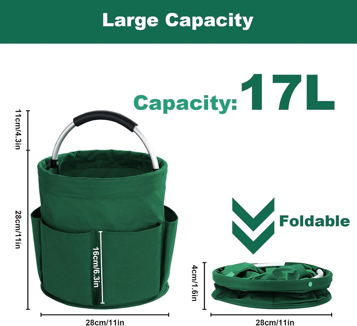 Cleaning Caddy with Handle, Cleaning Products Organiser, 17L Foldable Storage Basket, Cleaning Caddy Organiser, Portable Multi Cleaning Bucket Bag for Home, Garden (Green)