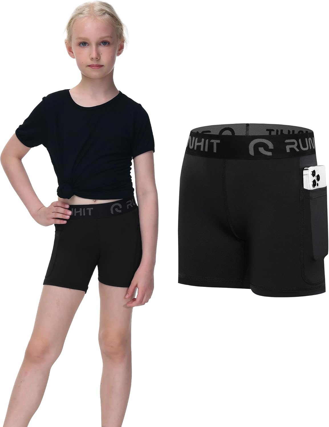 Runhit 4" Youth Girls Volleyball Shorts - Spandex Compression Biker Shorts with Pockets for Dance & Gymnastics