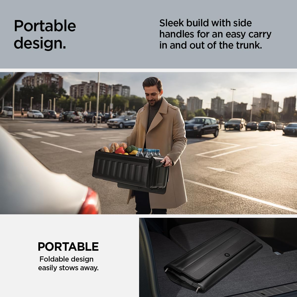 Spigen Collapsible Trunk Organizer with Lid for Tesla Model Y Juniper L, Model 3/Y/S/X, Cybertruck & All Cars – Heavy Duty Foldable, Black