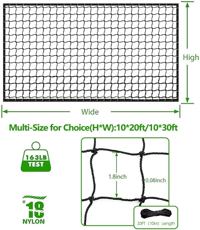 Baseball Softball Backstop Nets, Heavy Duty Sports Netting Barrier #18 Baseball Netting 10'x10'/10'x20'/15'x15'…