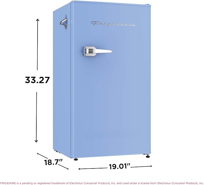 Frigidaire Retro Compact Fridge with Chiller, 3.2 cu ft Countertop Fridge with Built-In Bottle Opener, Compact Refrigerator for Office, Bedroom, Dorm Room or Cabin - 16.5" D x 19" W x 31" H (Blue)