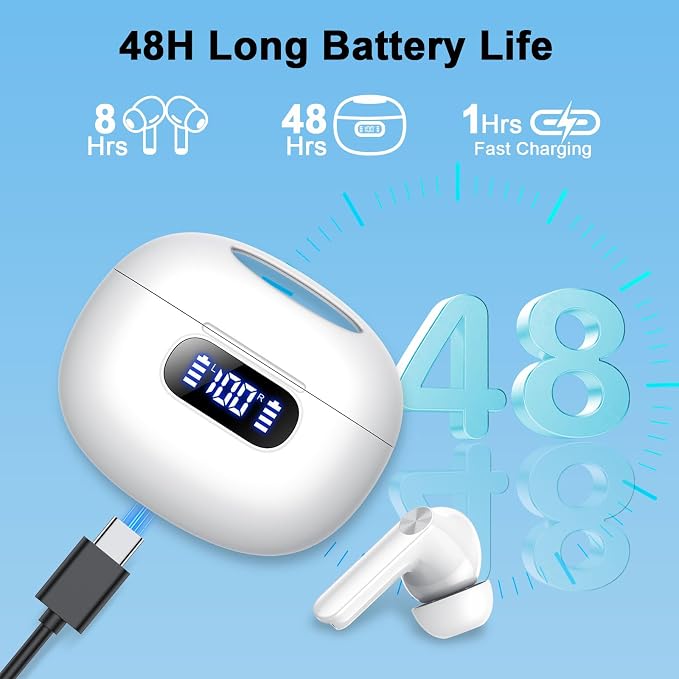 Wekily Wireless Earbuds, Bluetooth 5.3 Headphones LED Power Display, 2025 New Wireless Earphones, 4 ENC Noise Cancelling Mic, HiFi Stereo, 48H Playtime Mini Case IP7 Waterproof for Work & Play