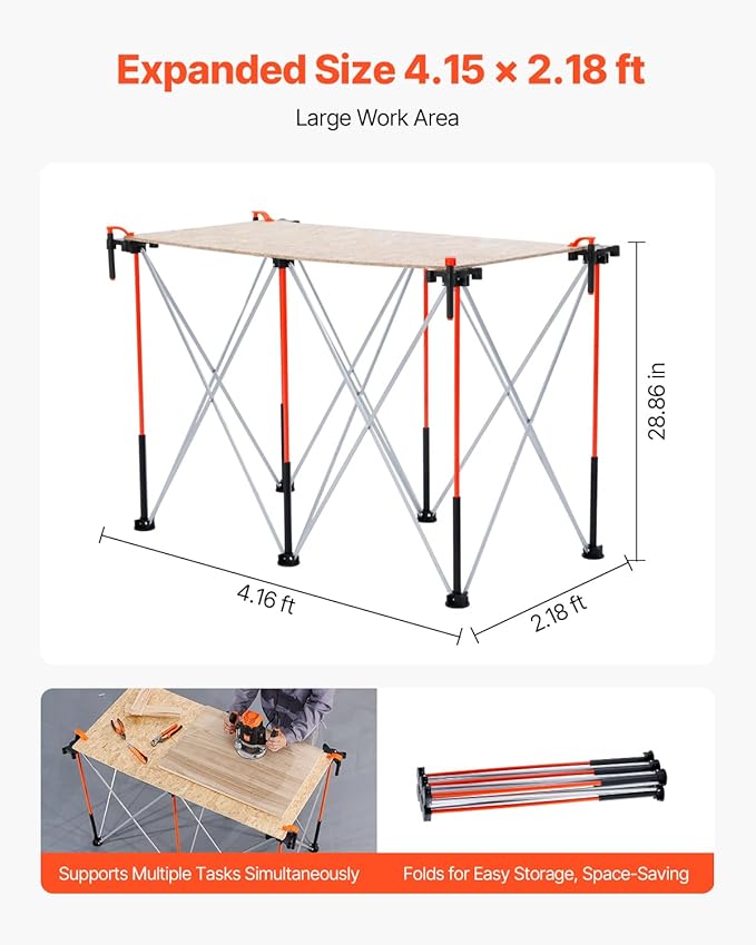 VEVOR Portable Folding Workstand, 4.15 x 2.18 ft Collapsible Workbench, 2500 lbs Weight Capacity, No Assembly Foldable Work Stand with Storage Bag, Table Top NOT Included, for Garage Workshop Outdoor