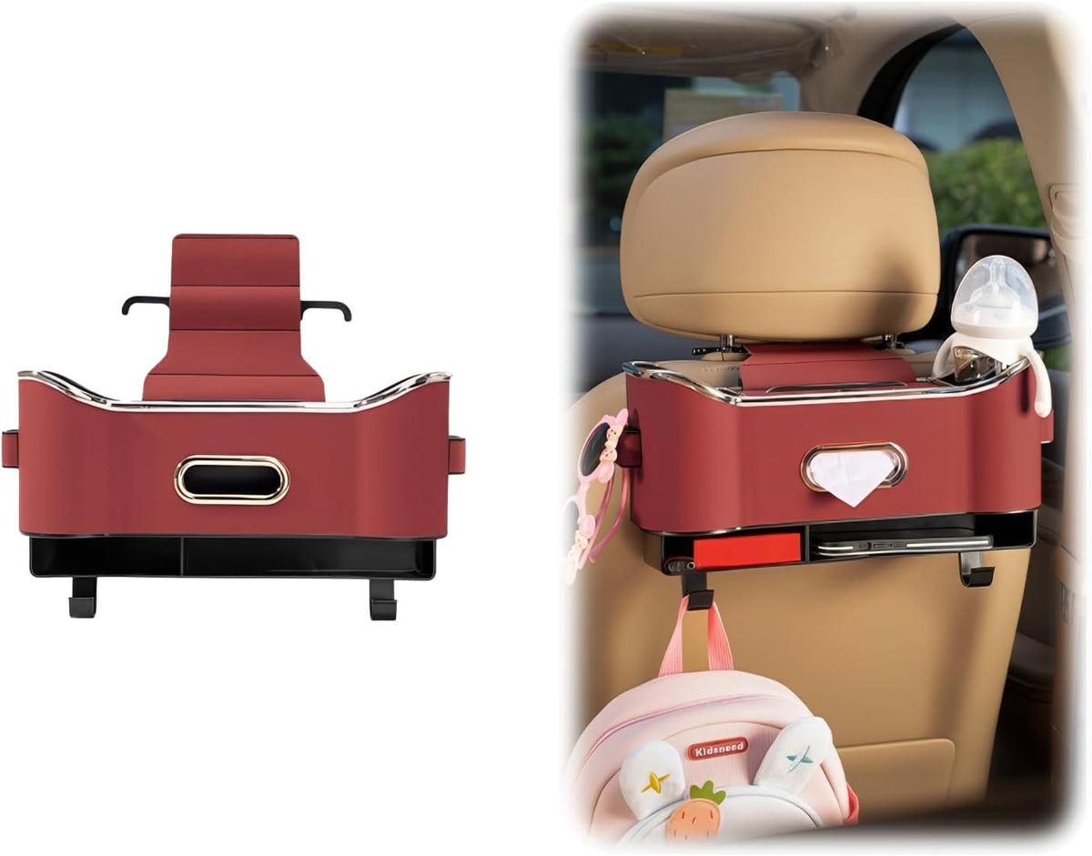 Multifunctional Car Backseat Organizer with Cup Holder, Tissue Box, Trash Bin & Hooks, 3-in-1 Back Seat Car Organizer for Hold Phones, Snacks, Drinks, and Handbags (Original Model - Red)