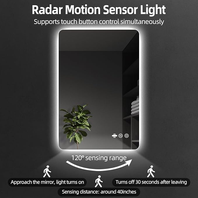 40 x 32 LED Bathroom Mirror, Frameless Rounded Corner Rectangle Backlit Mirror Bathroom, Anti-Fog, 3-Color Stepless Dimmable Lighted Mirror, Motion Sensor Lights, Memory Function