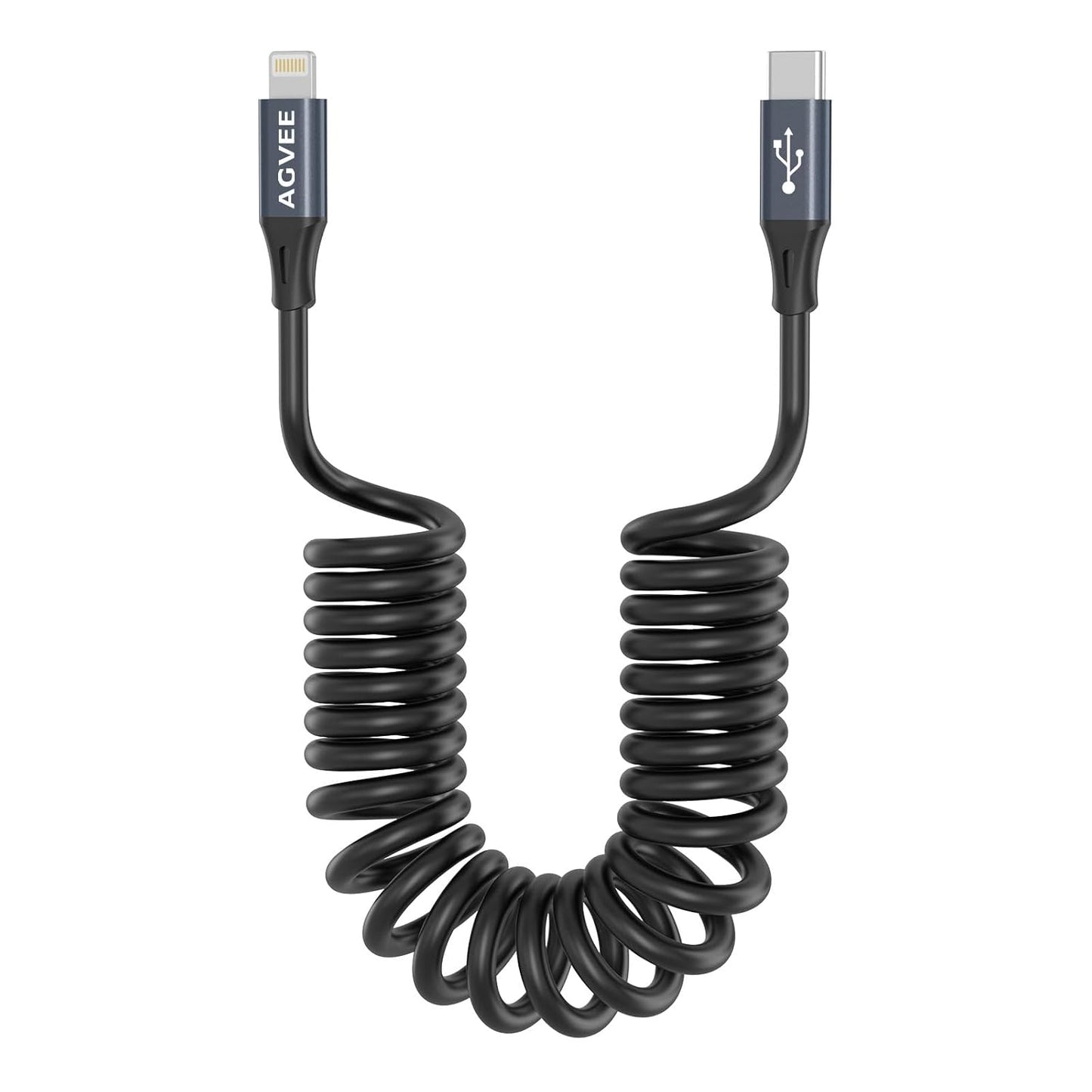 AGVEE 2 Pack 3ft Coiled Short USB-C to Lightning Charging Cable [MFI Certified] 30W PD Fast Charger Cord in Car for iPhone 14/13/12/11/XS/8/7/6/5 CarPlay, iPad, iPod, Dark Gray
