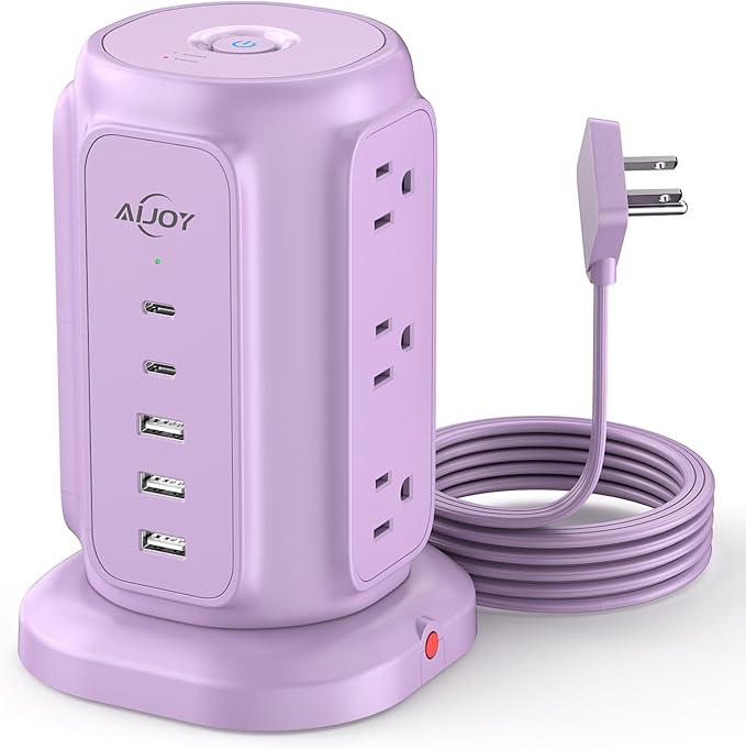 USB C Power Strip Tower, AiJoy 9 AC Outlets and 5 USB Ports Power Tower, 1200J Surge Protection, 1625W Flat Plug Extension Cord Charging Station for Home, Office Supplies, Dorm Essentials