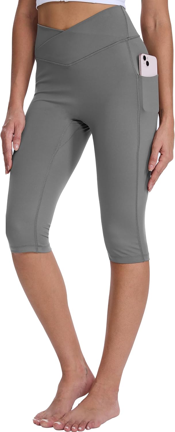 Skiennix Women's Knee-Length Capri Leggings - Stretchy Yoga Pants with Pockets for Casual Running