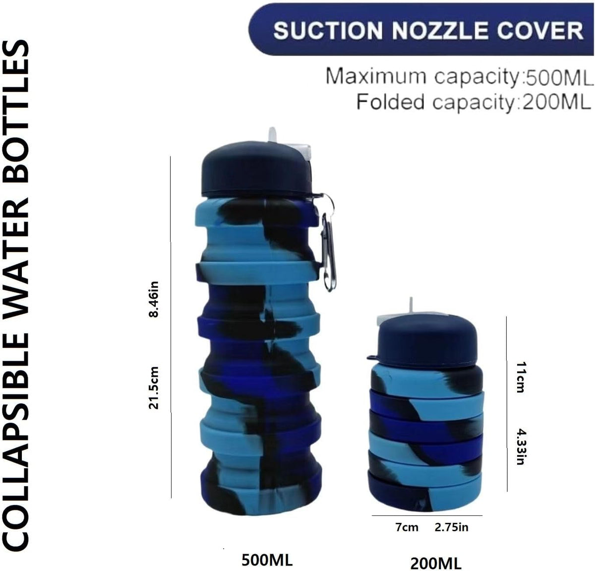 Skiennix Collapsible Water Bottles - 16oz Portable Silicone for Travel | Black & Green 2-Pack