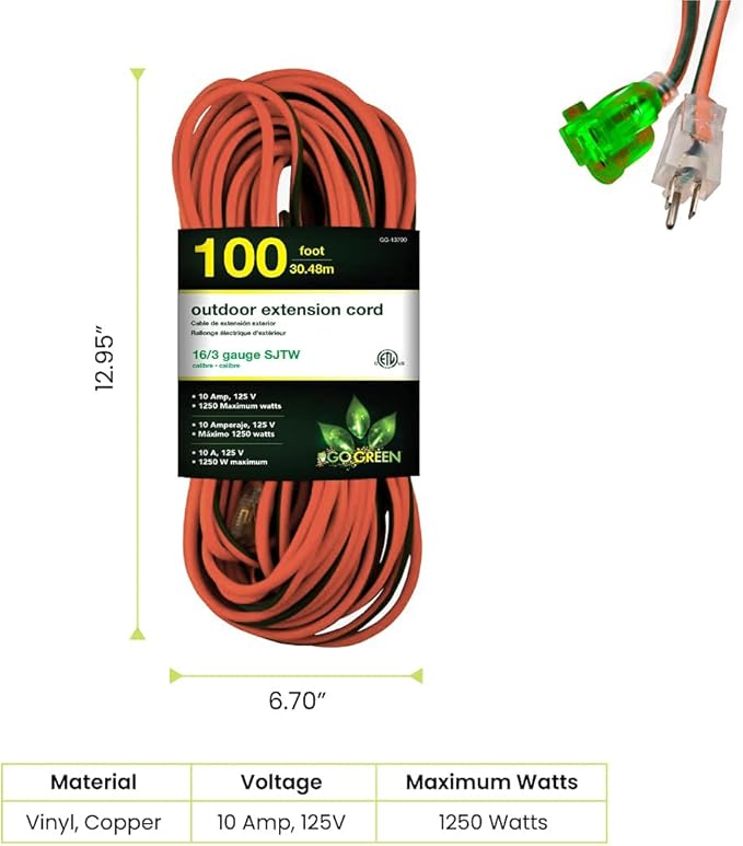 Go Green Power Inc. 16/3 100ft Outdoor Extension Cord - Heavy Duty, Lighted End, Contractor Grade SJTW Cable - Moisture & Abrasion Resistant - GG-13700