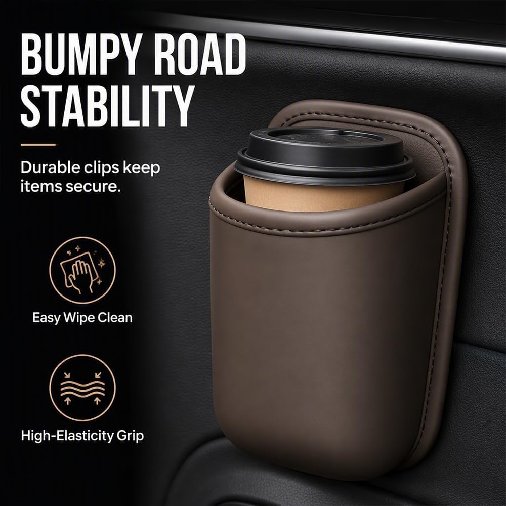 Leather Car Door Cup Holder Clip On Storage Organizer for Car, Brown, Large